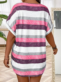 KissICON Plus Size, Women's Elegant V-Neck T-Shirt - Stretchy Blouse Top in Teal Blue, Orange & Brown Horizontal Stripes - Polyester/Elastane Blend Shirt for Everyday & Formal Outfits - Machine Washable Women's Clothing, Ladies T Shir