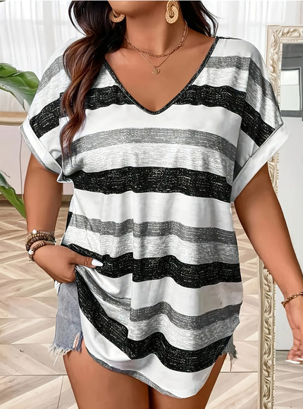 KissICON Plus Size, Women's Elegant V-Neck T-Shirt - Stretchy Blouse Top in Teal Blue, Orange & Brown Horizontal Stripes - Polyester/Elastane Blend Shirt for Everyday & Formal Outfits - Machine Washable Women's Clothing, Ladies T Shir