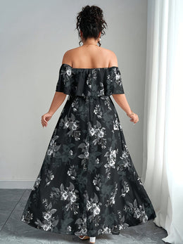 jkthpu-45 Plus Size, Women's Floral maxi dress - Elegant flowy party & Formal Event Gown, Beige and Black Floral Print, Machine Washable Non-Stretch Fabric for Wedding, Gala, Everyday Outfits - Plus Size Friendly, Spring Fashion, Fitted Silhouette, Easy Care Materi