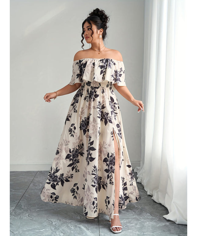 jkthpu-45 Plus Size, Women's Floral maxi dress - Elegant flowy party & Formal Event Gown, Beige and Black Floral Print, Machine Washable Non-Stretch Fabric for Wedding, Gala, Everyday Outfits - Plus Size Friendly, Spring Fashion, Fitted Silhouette, Easy Care Materi
