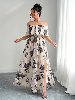 jkthpu-45 Plus Size, Women's Floral maxi dress - Elegant flowy party & Formal Event Gown, Beige and Black Floral Print, Machine Washable Non-Stretch Fabric for Wedding, Gala, Everyday Outfits - Plus Size Friendly, Spring Fashion, Fitted Silhouette, Easy Care Materi