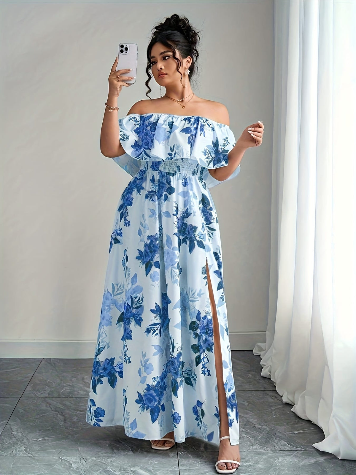 jkthpu-45 Plus Size, Women's Floral maxi dress - Elegant flowy party & Formal Event Gown, Beige and Black Floral Print, Machine Washable Non-Stretch Fabric for Wedding, Gala, Everyday Outfits - Plus Size Friendly, Spring Fashion, Fitted Silhouette, Easy Care Materi