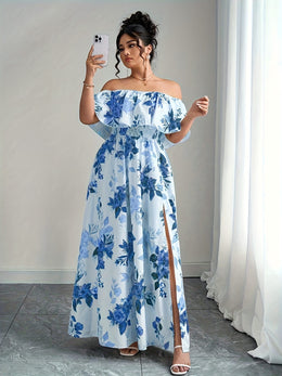 jkthpu-45 Plus Size, Women's Floral maxi dress - Elegant flowy party & Formal Event Gown, Beige and Black Floral Print, Machine Washable Non-Stretch Fabric for Wedding, Gala, Everyday Outfits - Plus Size Friendly, Spring Fashion, Fitted Silhouette, Easy Care Materi