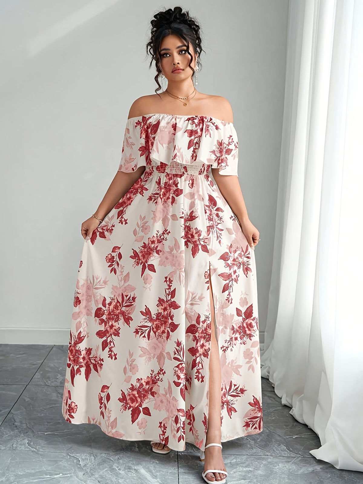 jkthpu-45 Plus Size, Women's Floral maxi dress - Elegant flowy party & Formal Event Gown, Beige and Black Floral Print, Machine Washable Non-Stretch Fabric for Wedding, Gala, Everyday Outfits - Plus Size Friendly, Spring Fashion, Fitted Silhouette, Easy Care Materi