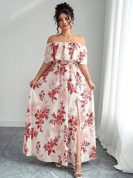 jkthpu-45 Plus Size, Women's Floral maxi dress - Elegant flowy party & Formal Event Gown, Beige and Black Floral Print, Machine Washable Non-Stretch Fabric for Wedding, Gala, Everyday Outfits - Plus Size Friendly, Spring Fashion, Fitted Silhouette, Easy Care Materi