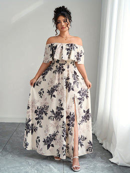 jkthpu-45 Plus Size, Women's Floral maxi dress - Elegant flowy party & Formal Event Gown, Beige and Black Floral Print, Machine Washable Non-Stretch Fabric for Wedding, Gala, Everyday Outfits - Plus Size Friendly, Spring Fashion, Fitted Silhouette, Easy Care Materi