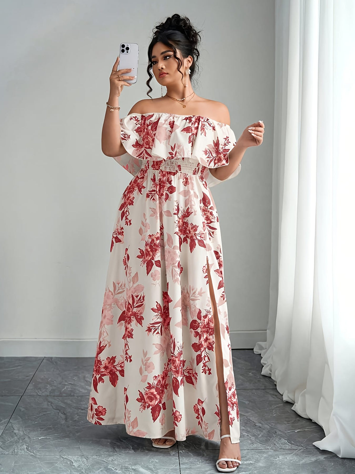 jkthpu-45 Plus Size, Women's Floral maxi dress - Elegant flowy party & Formal Event Gown, Beige and Black Floral Print, Machine Washable Non-Stretch Fabric for Wedding, Gala, Everyday Outfits - Plus Size Friendly, Spring Fashion, Fitted Silhouette, Easy Care Materi