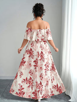 jkthpu-45 Plus Size, Women's Floral maxi dress - Elegant flowy party & Formal Event Gown, Beige and Black Floral Print, Machine Washable Non-Stretch Fabric for Wedding, Gala, Everyday Outfits - Plus Size Friendly, Spring Fashion, Fitted Silhouette, Easy Care Materi