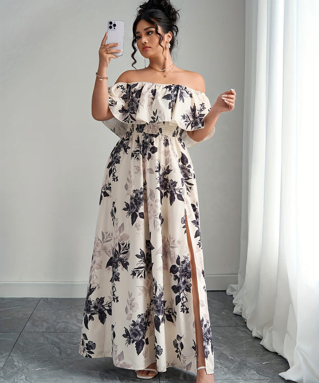 jkthpu-45 Plus Size, Women's Floral maxi dress - Elegant flowy party & Formal Event Gown, Beige and Black Floral Print, Machine Washable Non-Stretch Fabric for Wedding, Gala, Everyday Outfits - Plus Size Friendly, Spring Fashion, Fitted Silhouette, Easy Care Materi