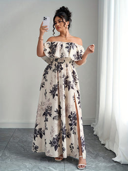jkthpu-45 Plus Size, Women's Floral maxi dress - Elegant flowy party & Formal Event Gown, Beige and Black Floral Print, Machine Washable Non-Stretch Fabric for Wedding, Gala, Everyday Outfits - Plus Size Friendly, Spring Fashion, Fitted Silhouette, Easy Care Materi