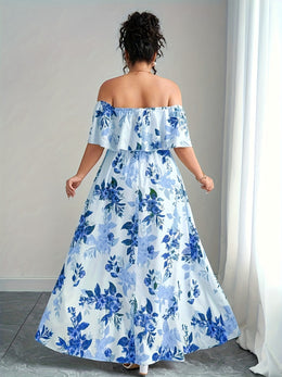 jkthpu-45 Plus Size, Women's Floral maxi dress - Elegant flowy party & Formal Event Gown, Beige and Black Floral Print, Machine Washable Non-Stretch Fabric for Wedding, Gala, Everyday Outfits - Plus Size Friendly, Spring Fashion, Fitted Silhouette, Easy Care Materi