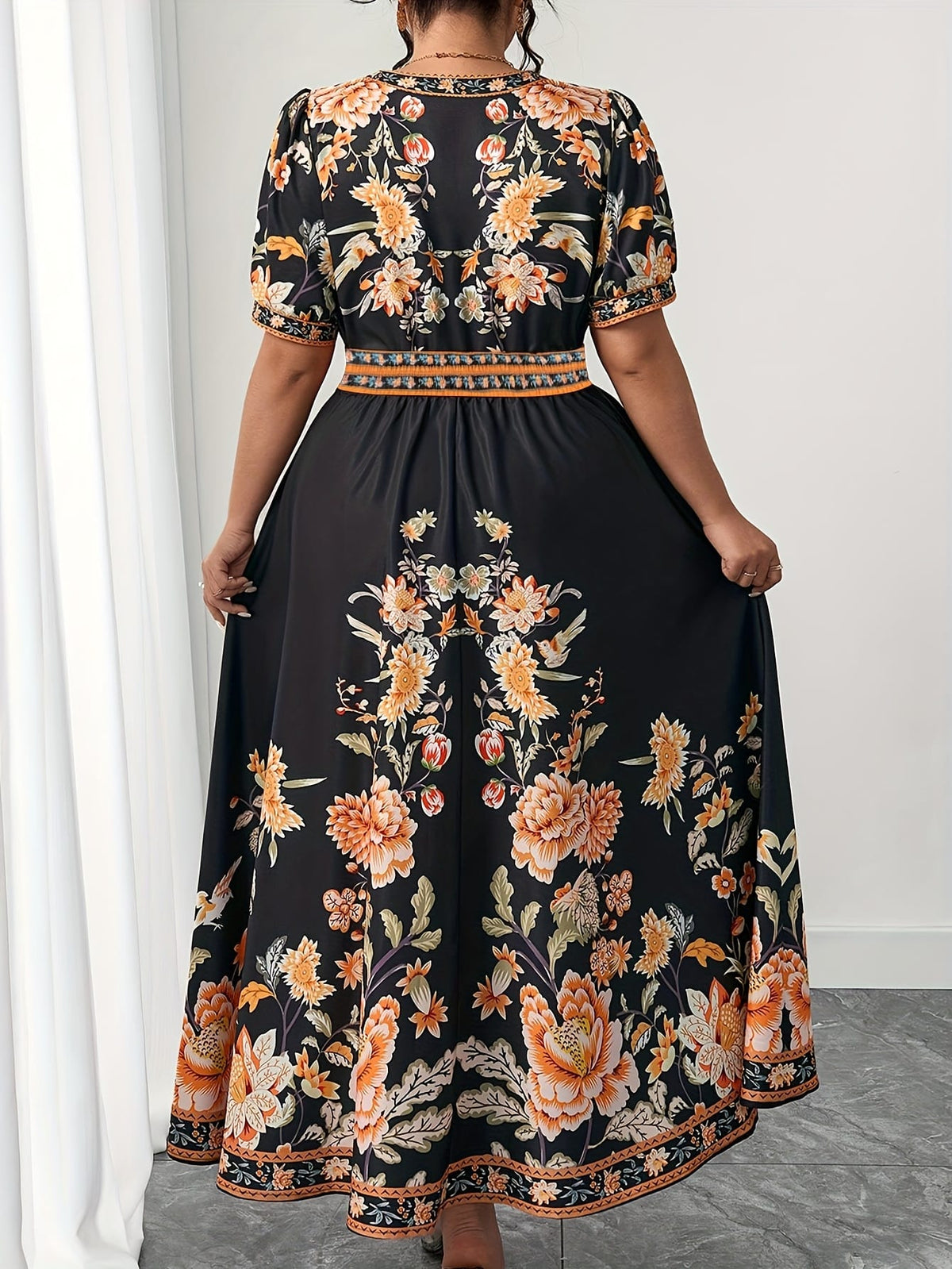 jkthpu-45 Plus Size, Women's Floral maxi Dress - Elegant V-Neck with Flared hips, Orange/Black/ Floral Print - Plus Size Friendly for Parties, Weddings, Everyday Outfits - Machine Washable Spring/Summer Dress, Wedding Guest Outfit, Feminine Silhouette, Comfortable