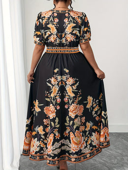 jkthpu-45 Plus Size, Women's Floral maxi Dress - Elegant V-Neck with Flared hips, Orange/Black/ Floral Print - Plus Size Friendly for Parties, Weddings, Everyday Outfits - Machine Washable Spring/Summer Dress, Wedding Guest Outfit, Feminine Silhouette, Comfortable