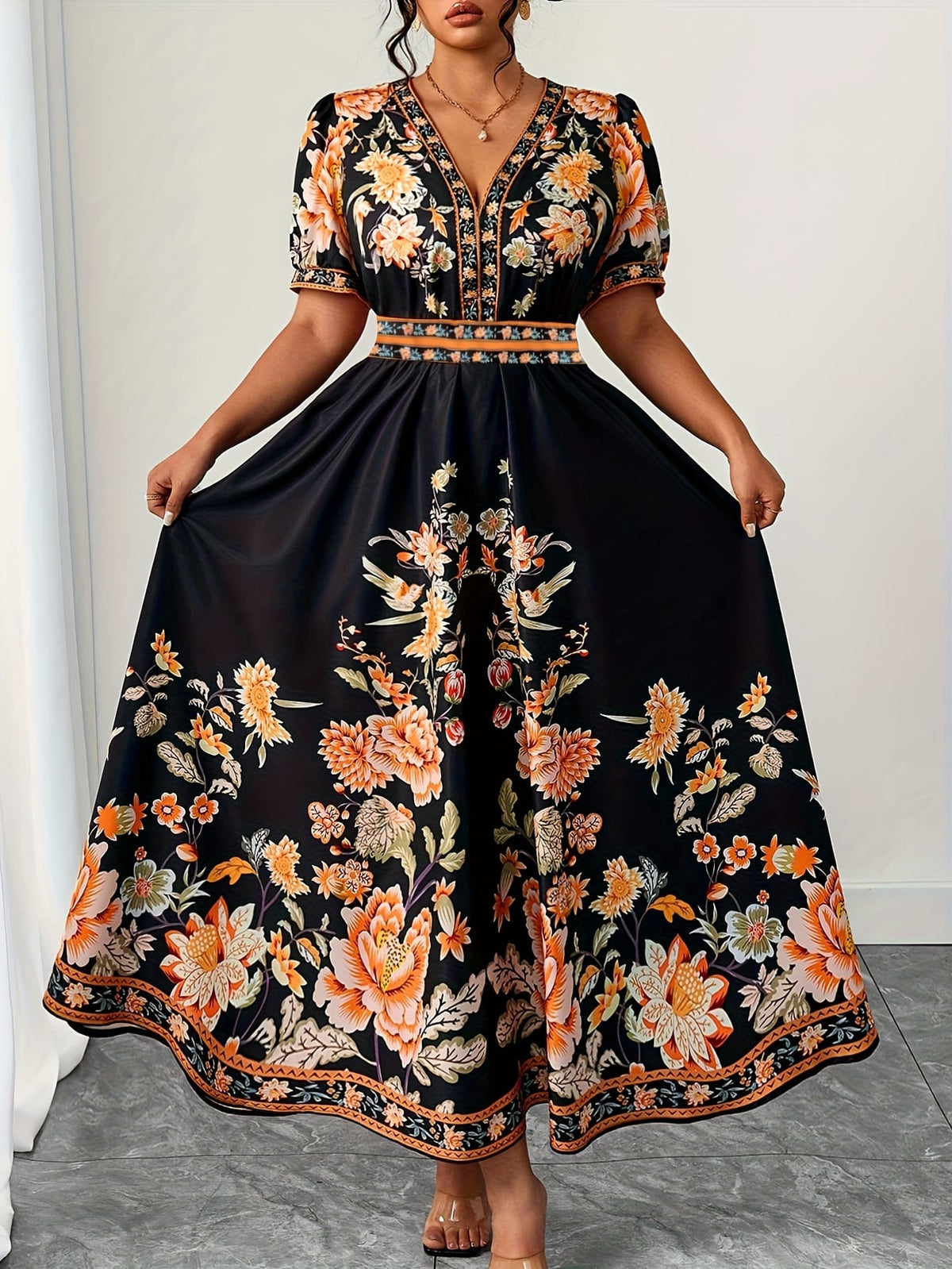 jkthpu-45 Plus Size, Women's Floral maxi Dress - Elegant V-Neck with Flared hips, Orange/Black/ Floral Print - Plus Size Friendly for Parties, Weddings, Everyday Outfits - Machine Washable Spring/Summer Dress, Wedding Guest Outfit, Feminine Silhouette, Comfortable