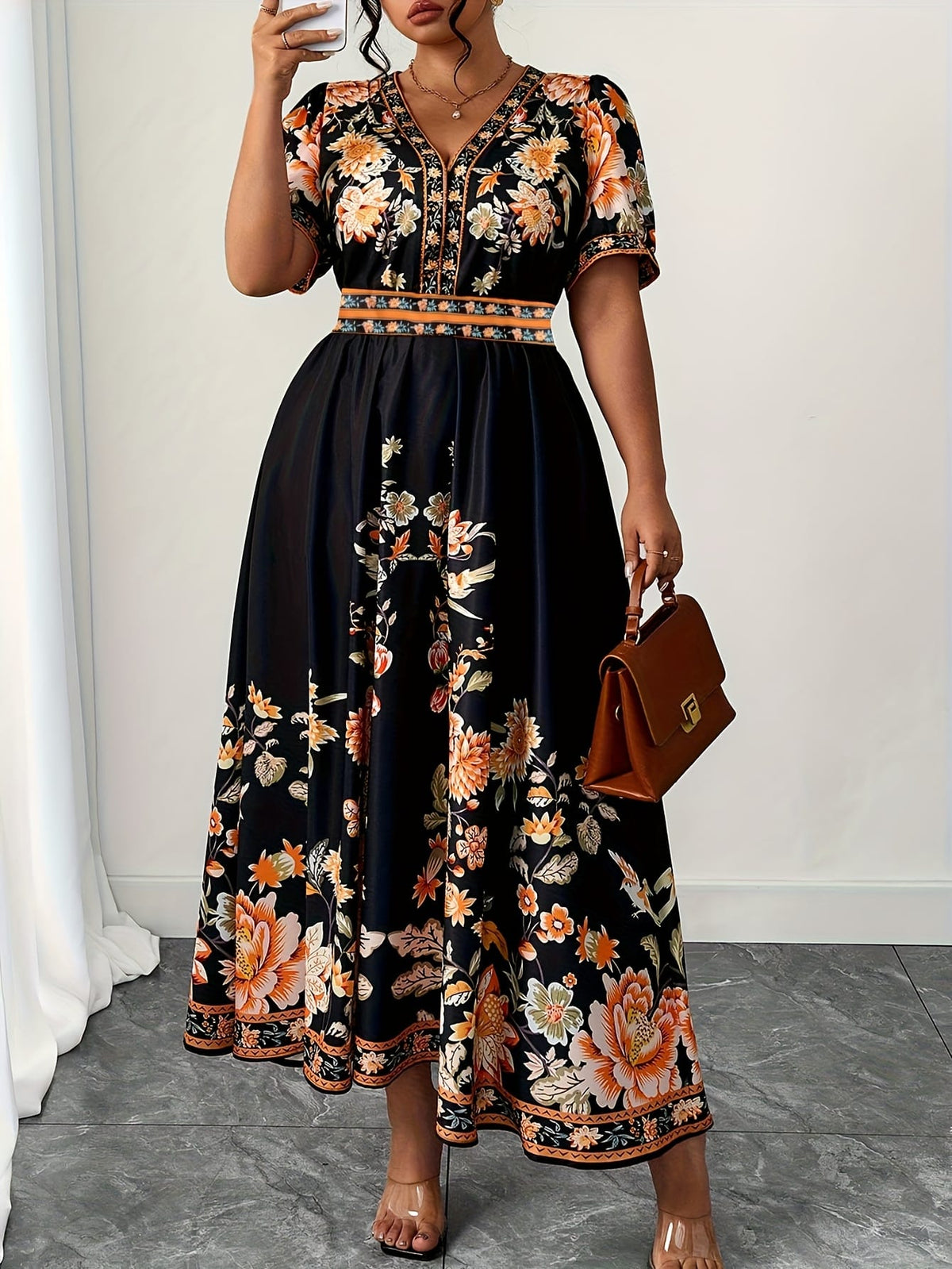 jkthpu-45 Plus Size, Women's Floral maxi Dress - Elegant V-Neck with Flared hips, Orange/Black/ Floral Print - Plus Size Friendly for Parties, Weddings, Everyday Outfits - Machine Washable Spring/Summer Dress, Wedding Guest Outfit, Feminine Silhouette, Comfortable