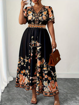jkthpu-45 Plus Size, Women's Floral maxi Dress - Elegant V-Neck with Flared hips, Orange/Black/ Floral Print - Plus Size Friendly for Parties, Weddings, Everyday Outfits - Machine Washable Spring/Summer Dress, Wedding Guest Outfit, Feminine Silhouette, Comfortable