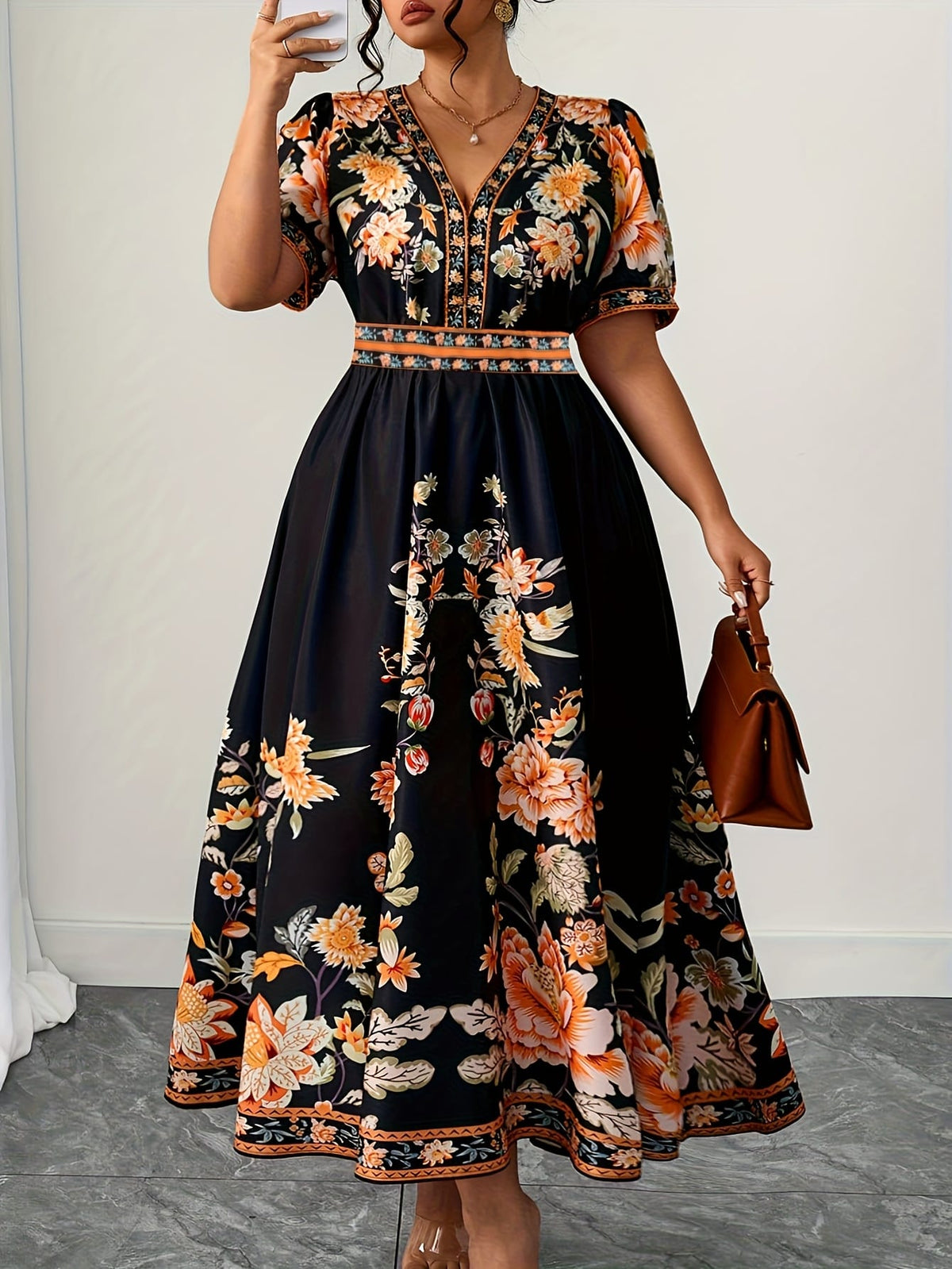 jkthpu-45 Plus Size, Women's Floral maxi Dress - Elegant V-Neck with Flared hips, Orange/Black/ Floral Print - Plus Size Friendly for Parties, Weddings, Everyday Outfits - Machine Washable Spring/Summer Dress, Wedding Guest Outfit, Feminine Silhouette, Comfortable