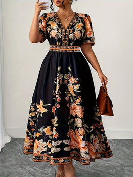 jkthpu-45 Plus Size, Women's Floral maxi Dress - Elegant V-Neck with Flared hips, Orange/Black/ Floral Print - Plus Size Friendly for Parties, Weddings, Everyday Outfits - Machine Washable Spring/Summer Dress, Wedding Guest Outfit, Feminine Silhouette, Comfortable
