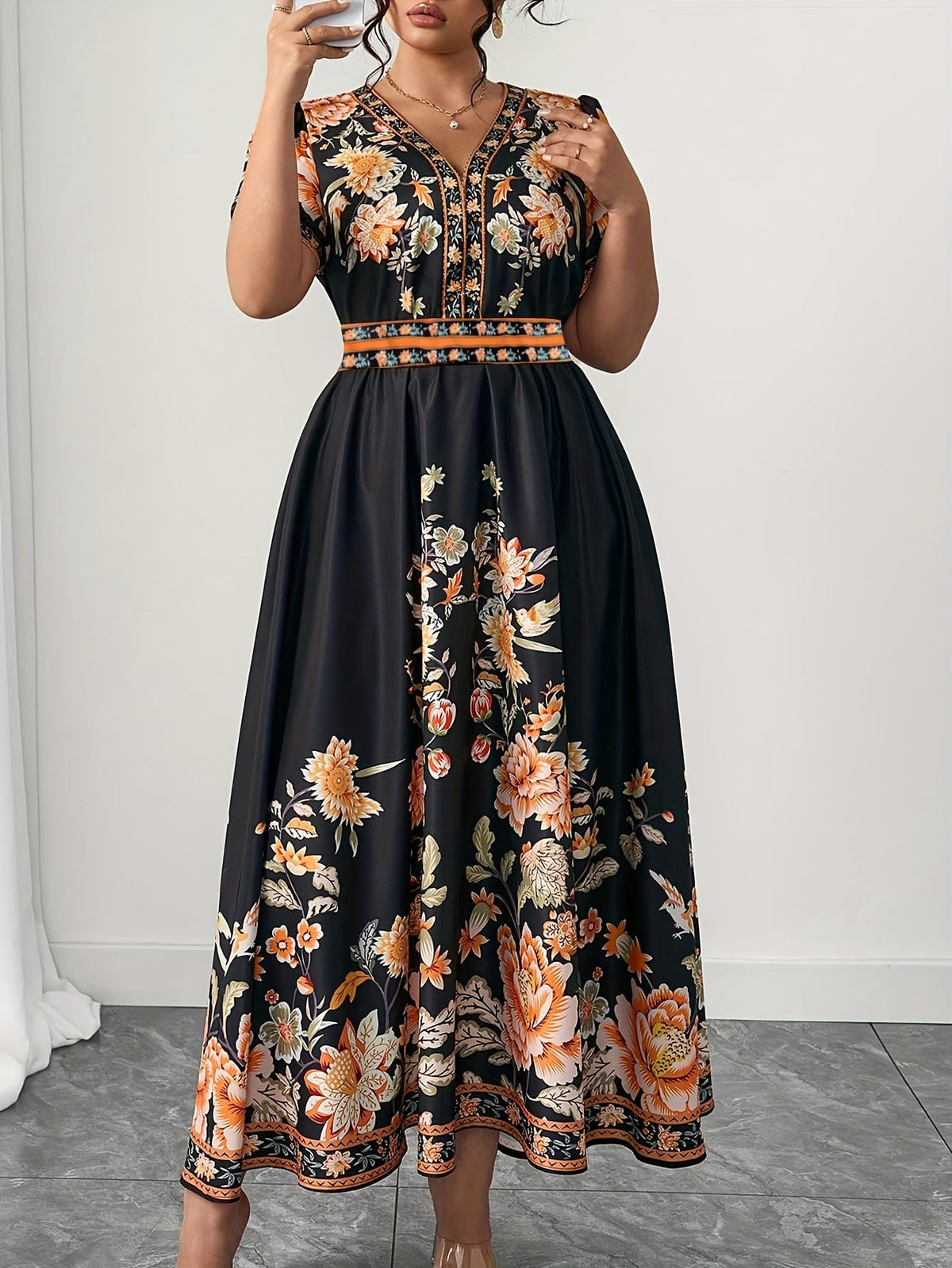 jkthpu-45 Plus Size, Women's Floral maxi Dress - Elegant V-Neck with Flared hips, Orange/Black/ Floral Print - Plus Size Friendly for Parties, Weddings, Everyday Outfits - Machine Washable Spring/Summer Dress, Wedding Guest Outfit, Feminine Silhouette, Comfortable