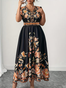 jkthpu-45 Plus Size, Women's Floral maxi Dress - Elegant V-Neck with Flared hips, Orange/Black/ Floral Print - Plus Size Friendly for Parties, Weddings, Everyday Outfits - Machine Washable Spring/Summer Dress, Wedding Guest Outfit, Feminine Silhouette, Comfortable