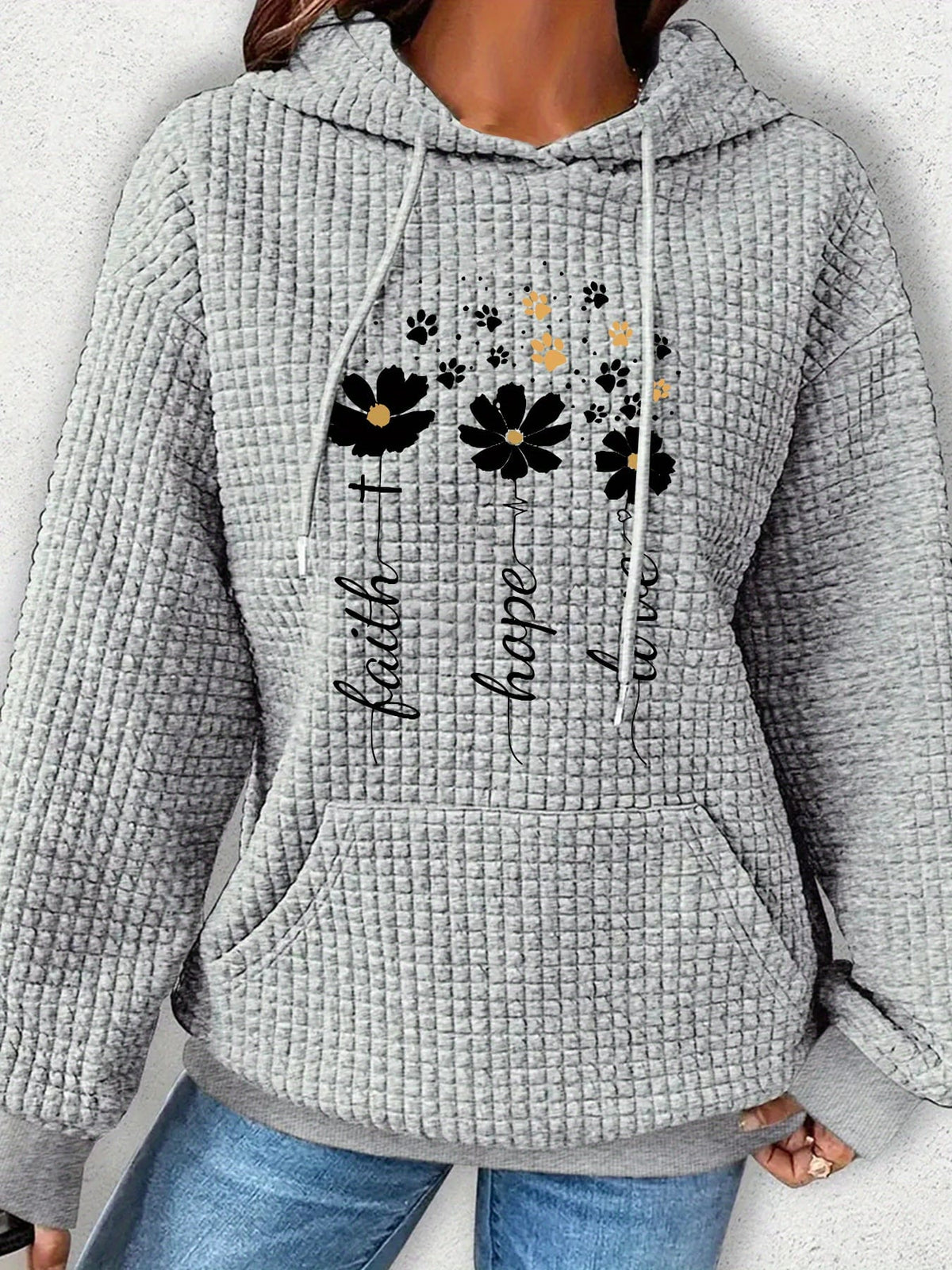 jkthpu-45 Plus Size Women's Floral Pattern Waffle Knit Long