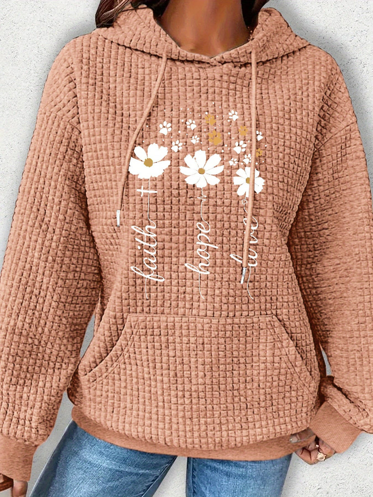 jkthpu-45 Plus Size Women's Floral Pattern Waffle Knit Long
