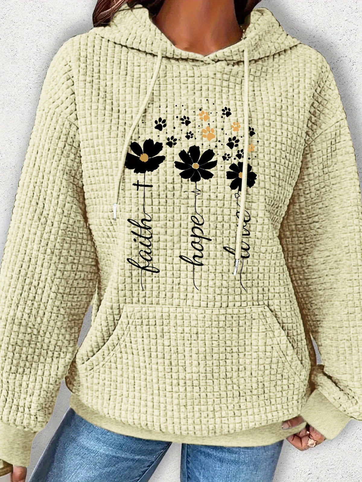 jkthpu-45 Plus Size Women's Floral Pattern Waffle Knit Long
