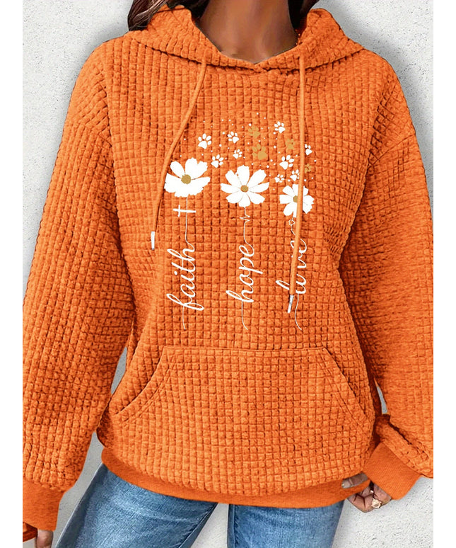 jkthpu-45 Plus Size Women's Floral Pattern Waffle Knit Long