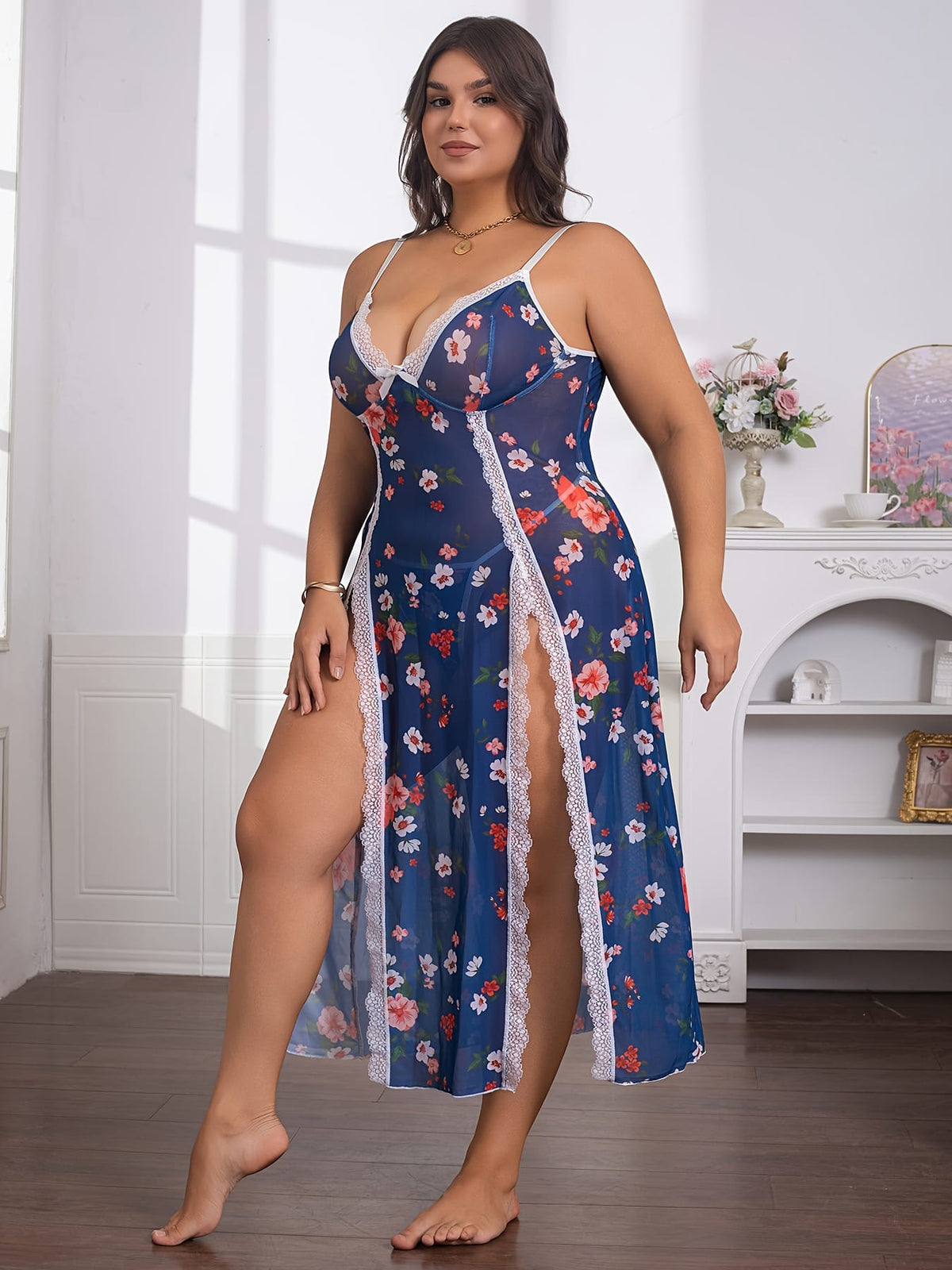jkthpu-45 Plus Size Women's Floral Print Contrast Lace Backless Camisole Nightgown - Sexy Semi-Sheer Stretchy Sleepwear with Bow Accents, All-Season Comfort for Special Occasions & Intimate Moments, Romantic Nightwear, Offshoulder Camisole, Delicate Fabric, Comfort