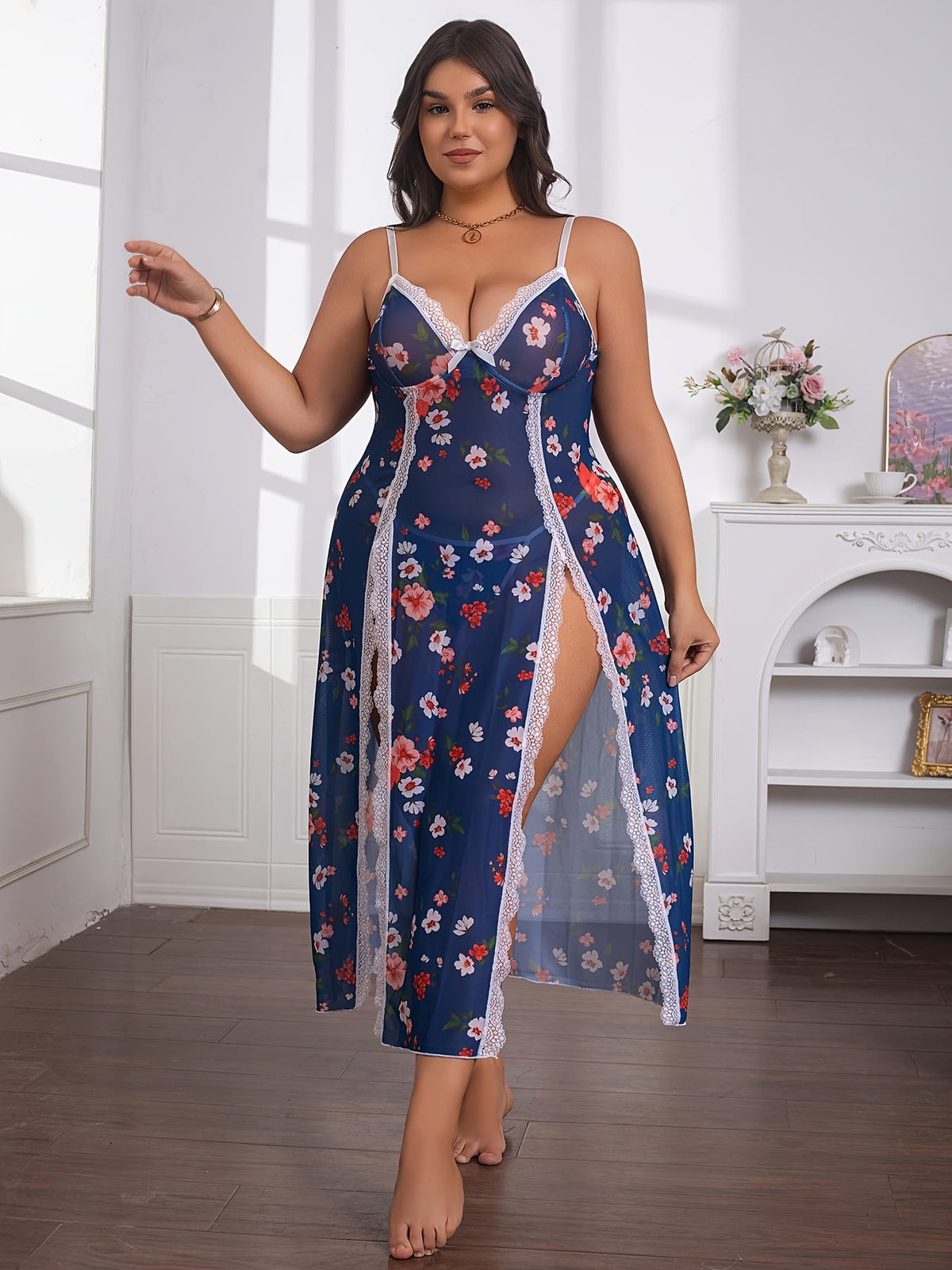 jkthpu-45 Plus Size Women's Floral Print Contrast Lace Backless Camisole Nightgown - Sexy Semi-Sheer Stretchy Sleepwear with Bow Accents, All-Season Comfort for Special Occasions & Intimate Moments, Romantic Nightwear, Offshoulder Camisole, Delicate Fabric, Comfort