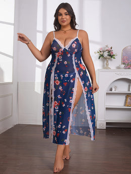 jkthpu-45 Plus Size Women's Floral Print Contrast Lace Backless Camisole Nightgown - Sexy Semi-Sheer Stretchy Sleepwear with Bow Accents, All-Season Comfort for Special Occasions & Intimate Moments, Romantic Nightwear, Offshoulder Camisole, Delicate Fabric, Comfort