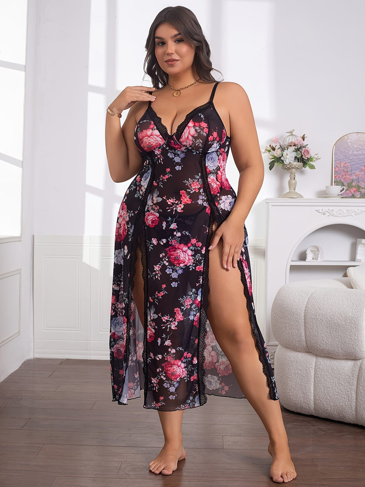 jkthpu-45 Plus Size Women's Floral Print Contrast Lace Backless Camisole Nightgown - Sexy Semi-Sheer Stretchy Sleepwear with Bow Accents, All-Season Comfort for Special Occasions & Intimate Moments, Romantic Nightwear, Offshoulder Camisole, Delicate Fabric, Comfort