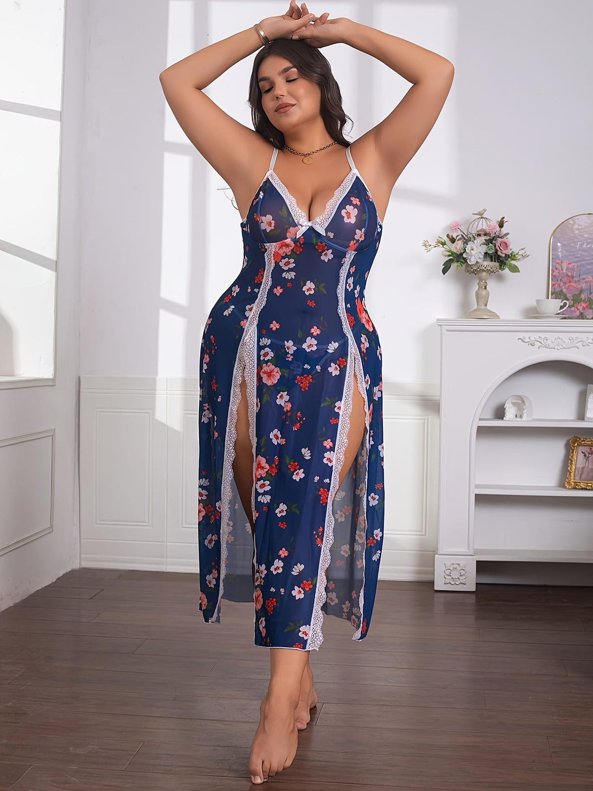 jkthpu-45 Plus Size Women's Floral Print Contrast Lace Backless Camisole Nightgown - Sexy Semi-Sheer Stretchy Sleepwear with Bow Accents, All-Season Comfort for Special Occasions & Intimate Moments, Romantic Nightwear, Offshoulder Camisole, Delicate Fabric, Comfort