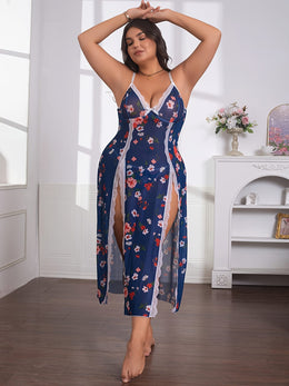 jkthpu-45 Plus Size Women's Floral Print Contrast Lace Backless Camisole Nightgown - Sexy Semi-Sheer Stretchy Sleepwear with Bow Accents, All-Season Comfort for Special Occasions & Intimate Moments, Romantic Nightwear, Offshoulder Camisole, Delicate Fabric, Comfort