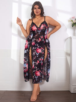 jkthpu-45 Plus Size Women's Floral Print Contrast Lace Backless Camisole Nightgown - Sexy Semi-Sheer Stretchy Sleepwear with Bow Accents, All-Season Comfort for Special Occasions & Intimate Moments, Romantic Nightwear, Offshoulder Camisole, Delicate Fabric, Comfort