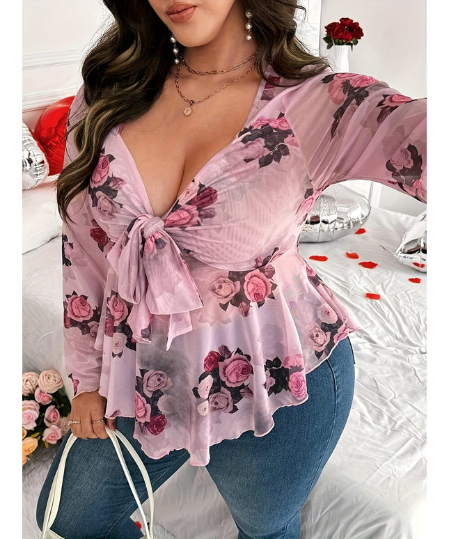 KissICON Plus Size Women's Floral Print Long Sleeve T-Shirt - Sweetheart Neckline, Ruffled Hem, Knot Detail, Pink Rose Design, Machine Washable, Romantic Valentine's Day Style, Love Themed Outfit | Nonstretch Fabric, Ladies T Shirts