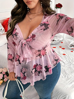 KissICON Plus Size Women's Floral Print Long Sleeve T-Shirt - Sweetheart Neckline, Ruffled Hem, Knot Detail, Pink Rose Design, Machine Washable, Romantic Valentine's Day Style, Love Themed Outfit | Nonstretch Fabric, Ladies T Shirts