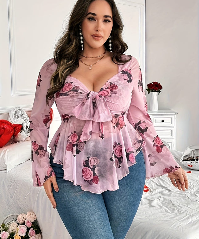 KissICON Plus Size Women's Floral Print Long Sleeve T-Shirt - Sweetheart Neckline, Ruffled Hem, Knot Detail, Pink Rose Design, Machine Washable, Romantic Valentine's Day Style, Love Themed Outfit | Nonstretch Fabric, Ladies T Shirts