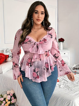 KissICON Plus Size Women's Floral Print Long Sleeve T-Shirt - Sweetheart Neckline, Ruffled Hem, Knot Detail, Pink Rose Design, Machine Washable, Romantic Valentine's Day Style, Love Themed Outfit | Nonstretch Fabric, Ladies T Shirts