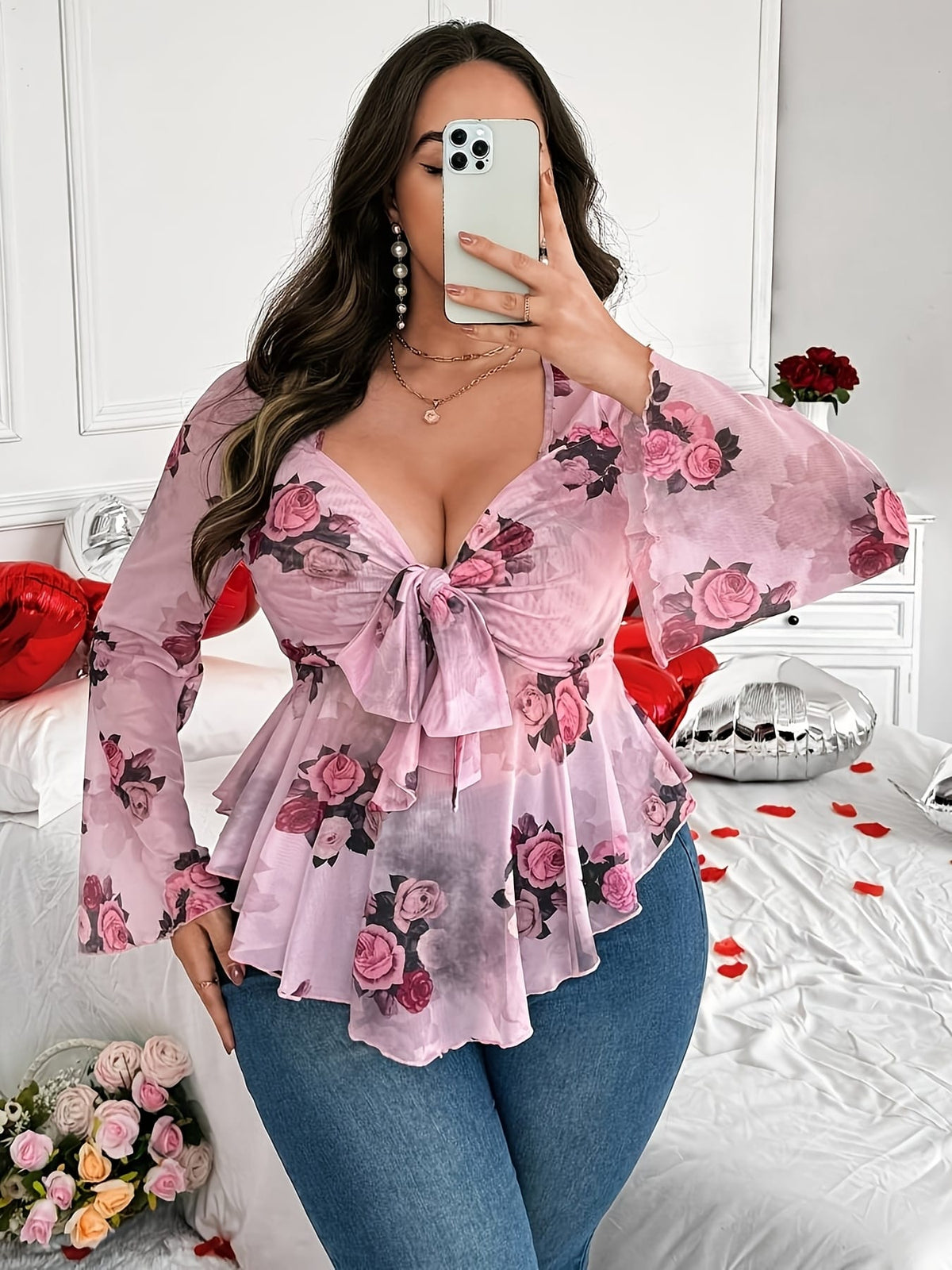 KissICON Plus Size Women's Floral Print Long Sleeve T-Shirt - Sweetheart Neckline, Ruffled Hem, Knot Detail, Pink Rose Design, Machine Washable, Romantic Valentine's Day Style, Love Themed Outfit | Nonstretch Fabric, Ladies T Shirts
