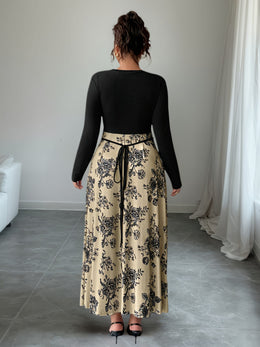 jkthpu-45 Plus Size, Women's Floral print maxi dress - Beige & black Floral pattern, Tie-waist flared skirt, Machine Washable Formal & Casual Outfits for Fall/Winter Everyday Special Events, Winter Elegant Outfit, Nontransparent Material, Fall Fashion, Quality Stit