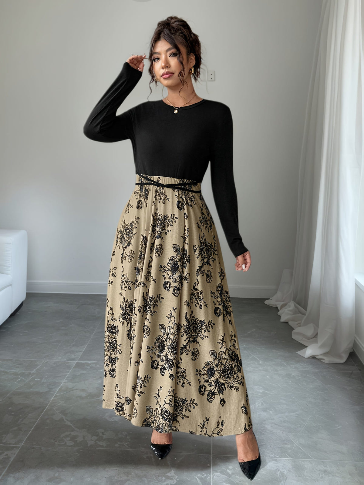 jkthpu-45 Plus Size, Women's Floral print maxi dress - Beige & black Floral pattern, Tie-waist flared skirt, Machine Washable Formal & Casual Outfits for Fall/Winter Everyday Special Events, Winter Elegant Outfit, Nontransparent Material, Fall Fashion, Quality Stit