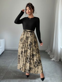 jkthpu-45 Plus Size, Women's Floral print maxi dress - Beige & black Floral pattern, Tie-waist flared skirt, Machine Washable Formal & Casual Outfits for Fall/Winter Everyday Special Events, Winter Elegant Outfit, Nontransparent Material, Fall Fashion, Quality Stit
