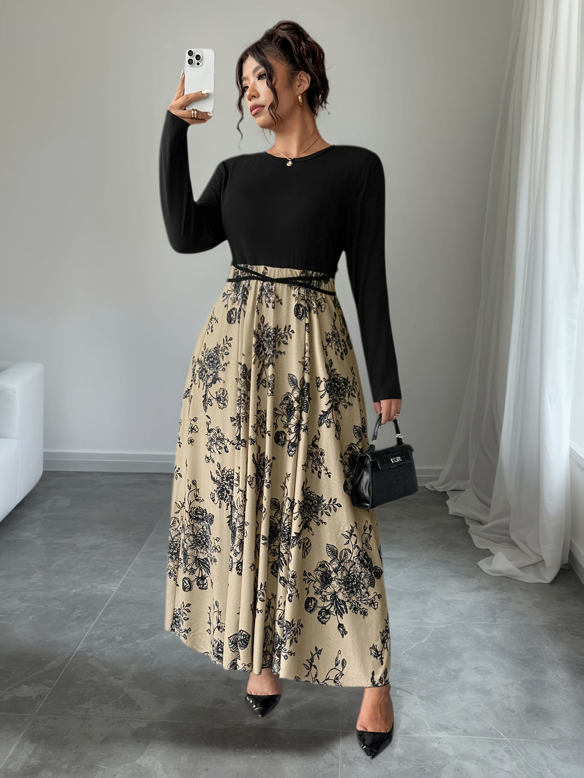 jkthpu-45 Plus Size, Women's Floral print maxi dress - Beige & black Floral pattern, Tie-waist flared skirt, Machine Washable Formal & Casual Outfits for Fall/Winter Everyday Special Events, Winter Elegant Outfit, Nontransparent Material, Fall Fashion, Quality Stit