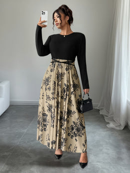 jkthpu-45 Plus Size, Women's Floral print maxi dress - Beige & black Floral pattern, Tie-waist flared skirt, Machine Washable Formal & Casual Outfits for Fall/Winter Everyday Special Events, Winter Elegant Outfit, Nontransparent Material, Fall Fashion, Quality Stit