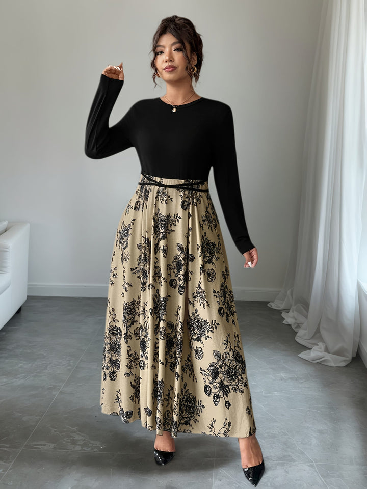 Plus Size, Women's Floral print maxi dress - Beige & black Floral pattern, Tie-waist flared skirt, Machine Washable Formal & Casual Outfits for Fall/Winter Everyday Special Events, Winter Elegant Outfit, Nontransparent Material, Fall Fashion, Quality Stit