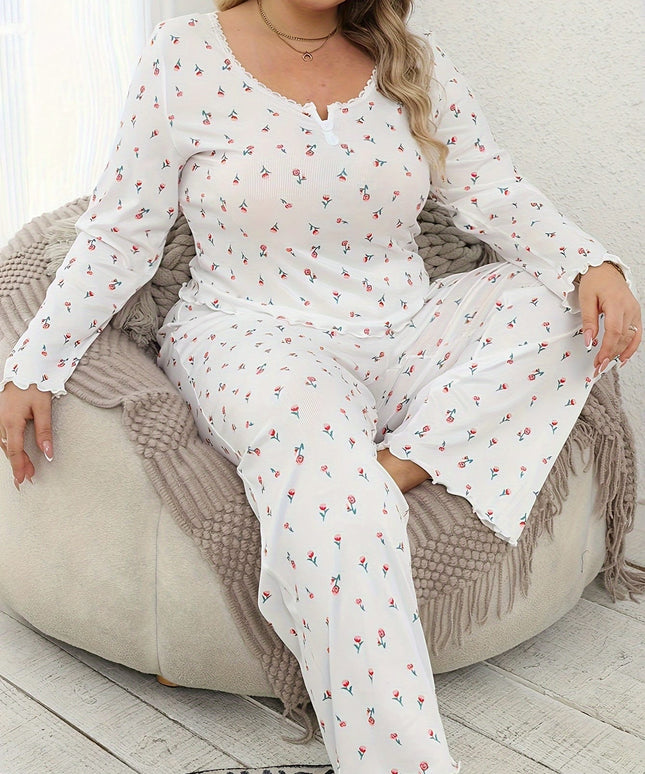 jkthpu-45 Plus Size Women'S Floral Print Pajama Set with