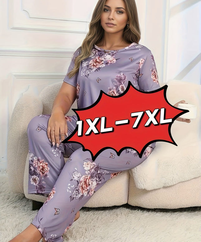 jkthpu-45 Plus Size Women'S Floral Print Short Sleeve Top