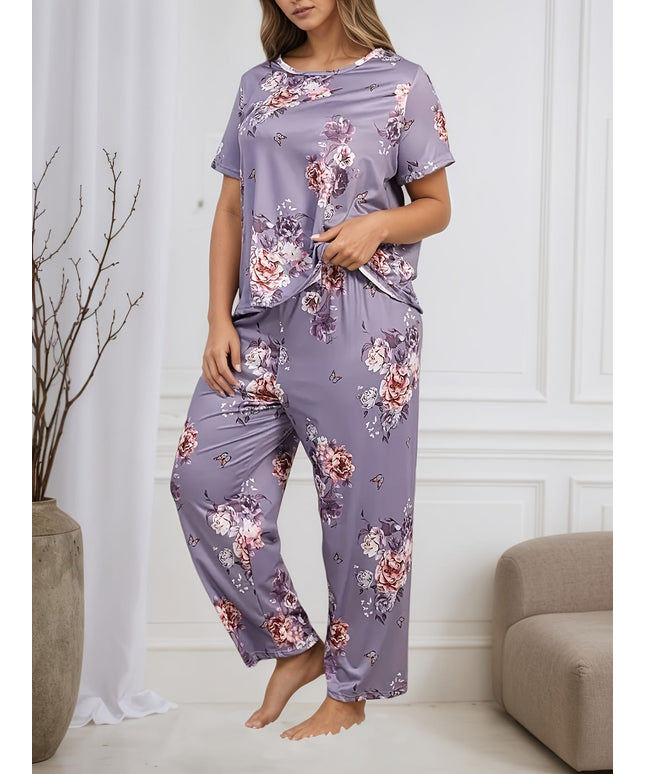 jkthpu-45 Plus Size Women'S Floral Print Short Sleeve Top
