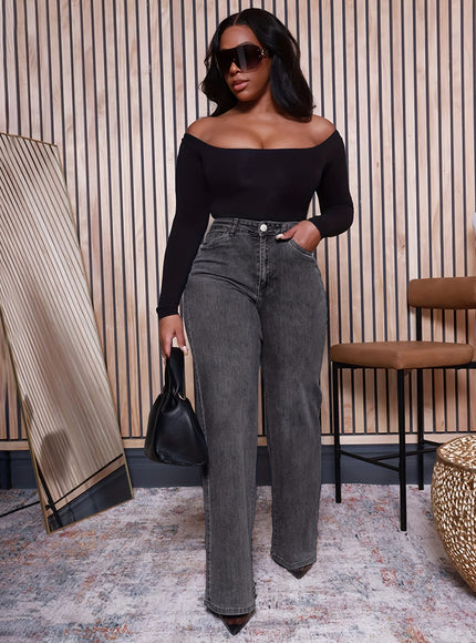 jkthpu-45 Plus Size Women's Gray Slim-Fit Denim Flare Pants